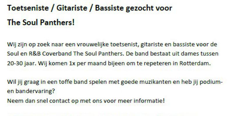 Toetseniste / Gitariste / Bassiste gezocht voor The Soul Panthers