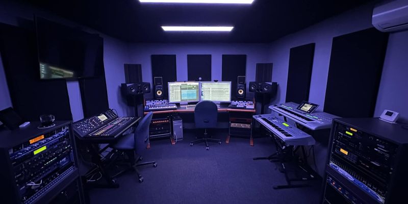 Gezicht, gitarist, bassist, blazer etc. voor geluidsstudio